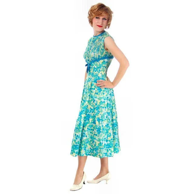Vintage MCM Day Dress Blue/Green " Cherries" Cotton 1950s Ann Marsh Small