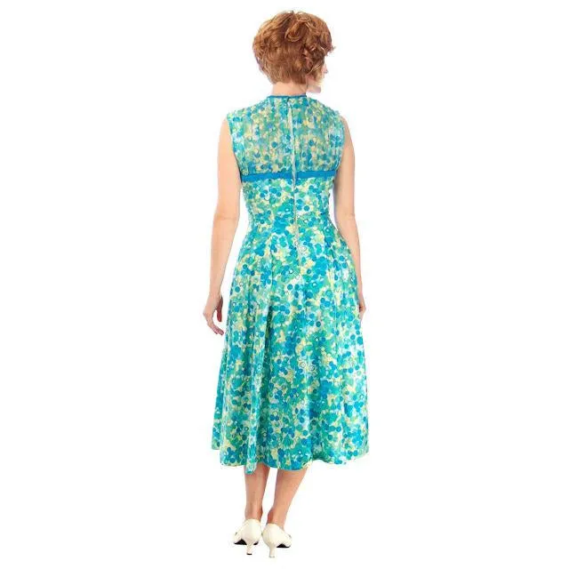 Vintage MCM Day Dress Blue/Green " Cherries" Cotton 1950s Ann Marsh Small