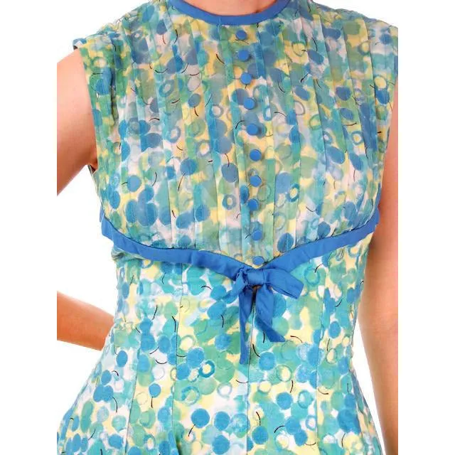 Vintage MCM Day Dress Blue/Green " Cherries" Cotton 1950s Ann Marsh Small