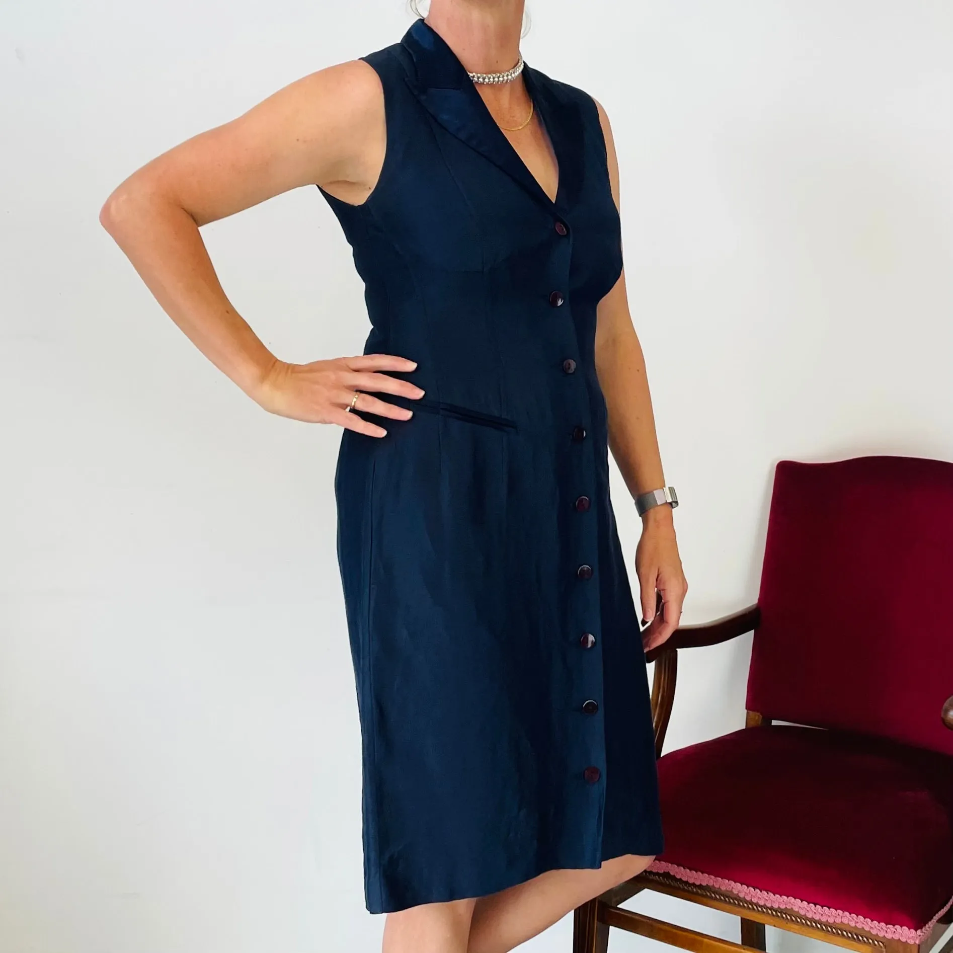 Vintage Navy Button Up Dress (M)