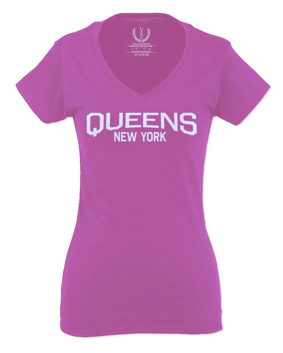 Vintage New York Queens NYC Cool Hipster Street wear For Women V neck fitted T Shirt