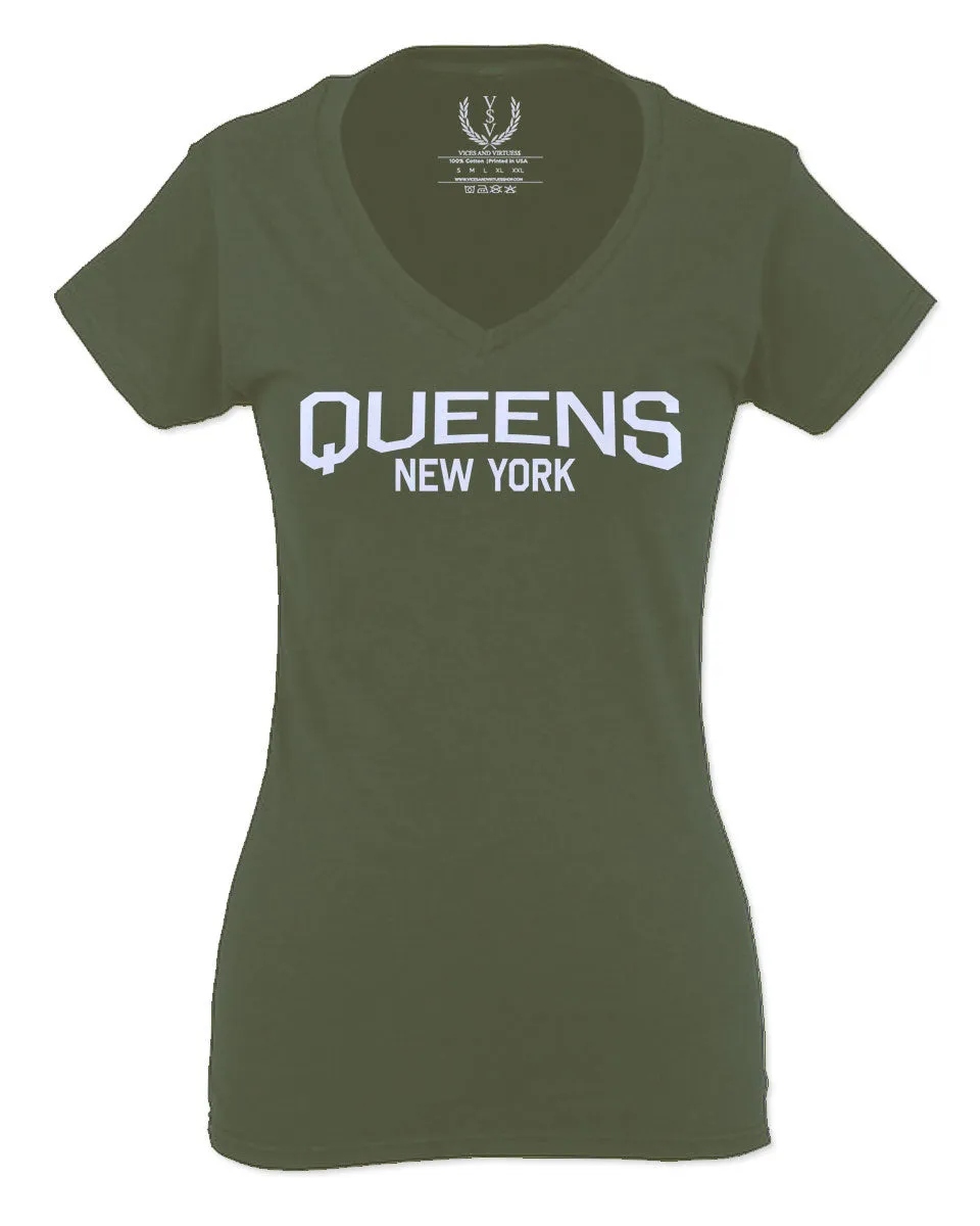Vintage New York Queens NYC Cool Hipster Street wear For Women V neck fitted T Shirt