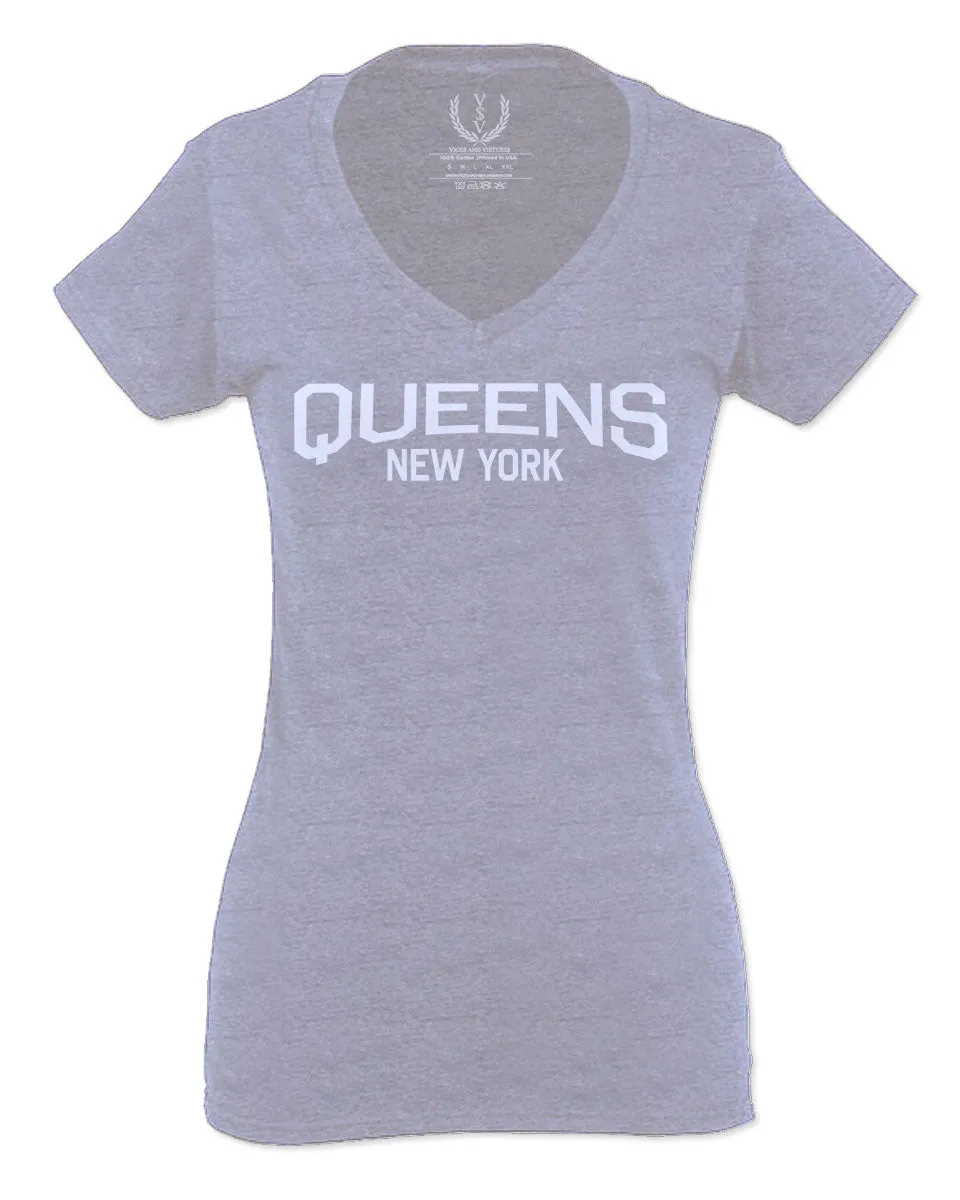 Vintage New York Queens NYC Cool Hipster Street wear For Women V neck fitted T Shirt