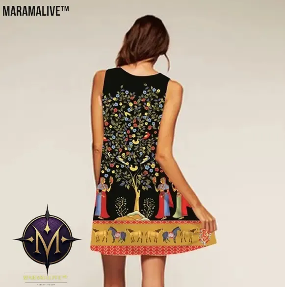 Vintage round neck digital print sleeveless dress women's clothing