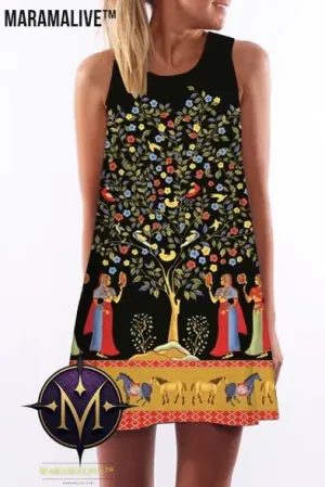Vintage round neck digital print sleeveless dress women's clothing