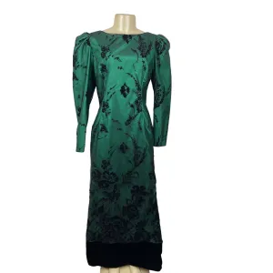 Vintage Rzik Bros Green Floral Satin Evening Gown Velvet Bow Puff Sleeves
