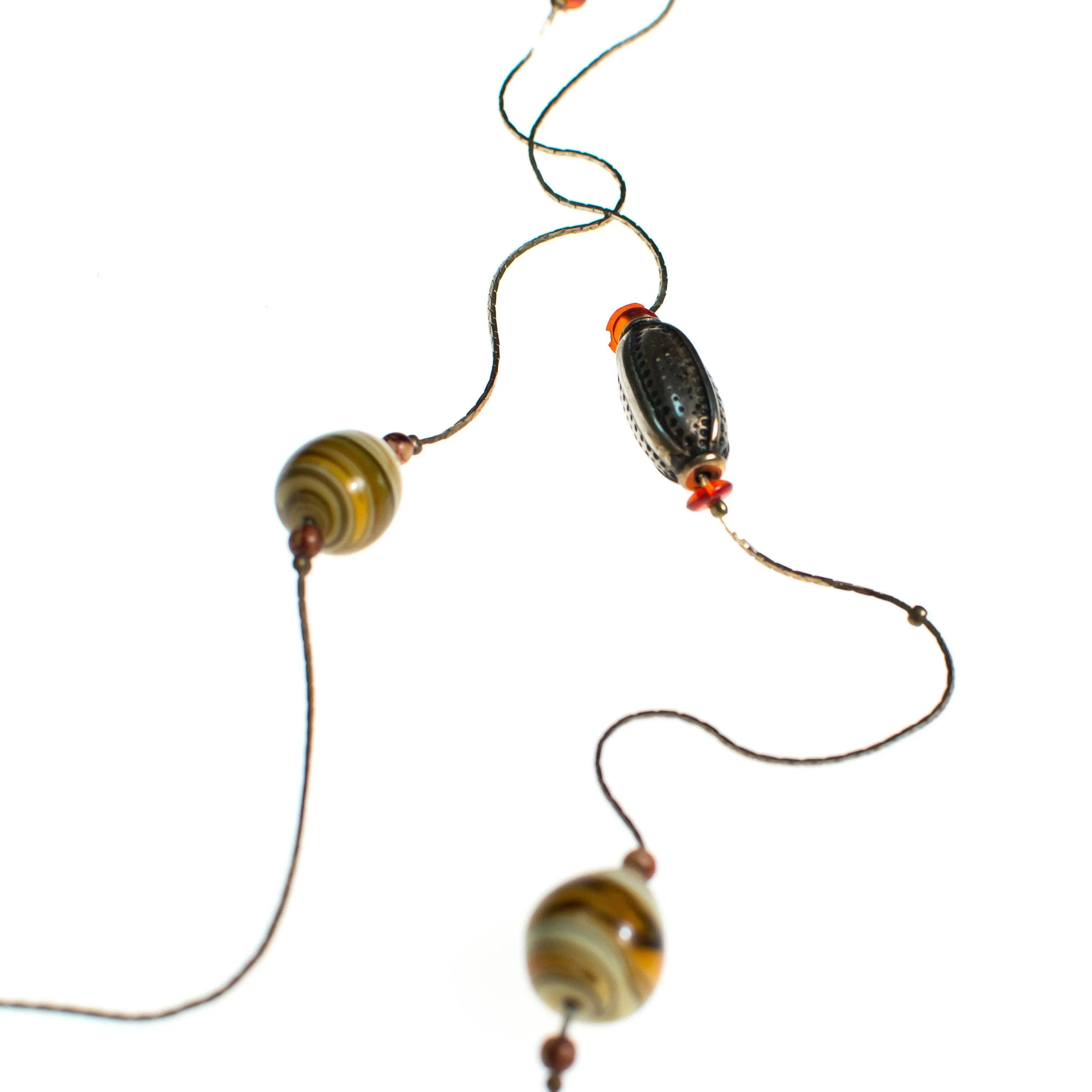 Vintage Sautoir Length Silver Necklace with Blown Glass Beads in Earth Tones