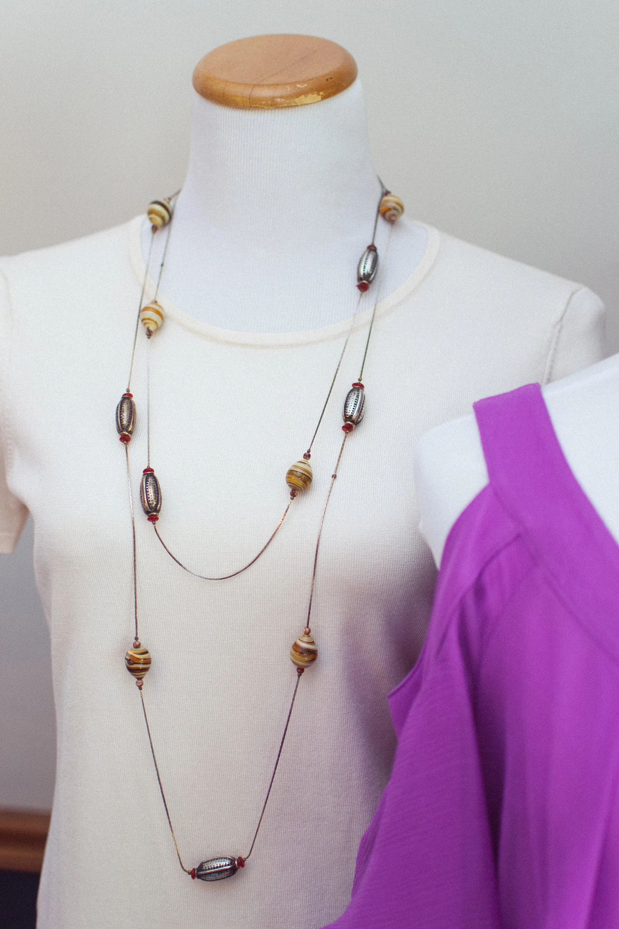 Vintage Sautoir Length Silver Necklace with Blown Glass Beads in Earth Tones