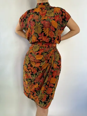 VINTAGE SILK BLACK & ORANGE FLORAL CAP SLEEVE DRESS - SIZE M