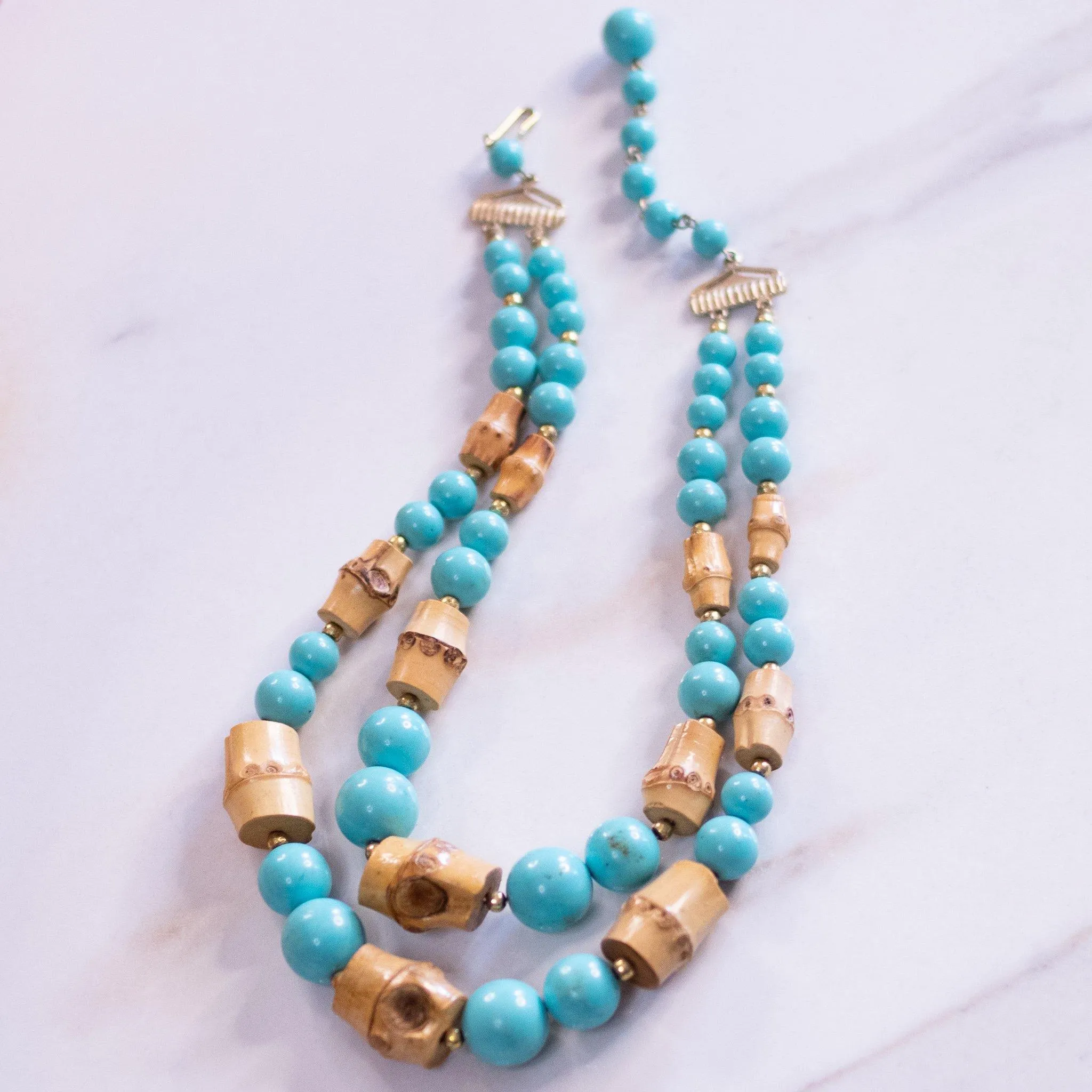 Vintage Turquoise and Bamboo Bead Double Strand Necklace