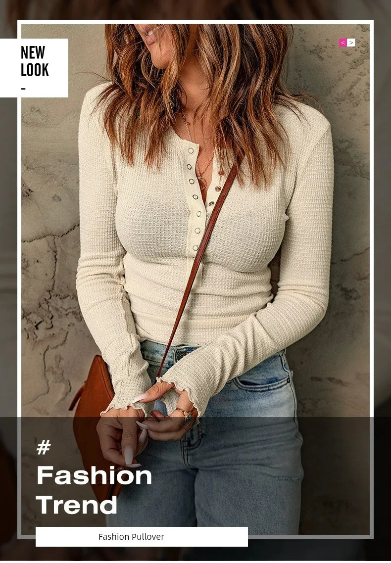 Waffle Thin Long Sleeve Shirt Slim Tops for Layering