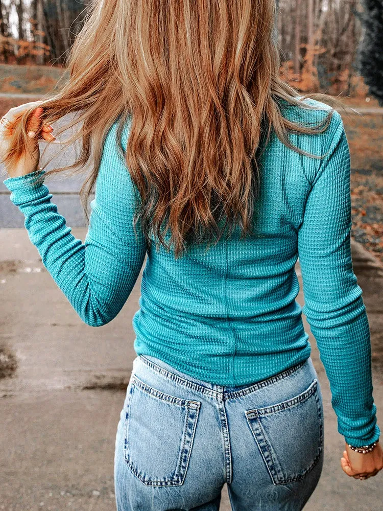Waffle Thin Long Sleeve Shirt Slim Tops for Layering