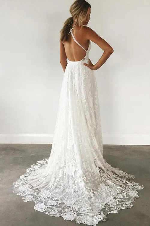 White Lace Spaghetti Straps A-line V-neck Wedding Dresses with Side Slit, SW276