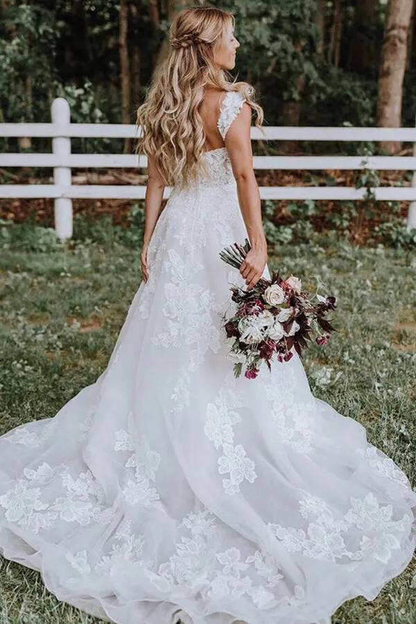 White Tulle Lace Appliqued A-line V-neck Wedding Dresses, Bridal Gown, MW675
