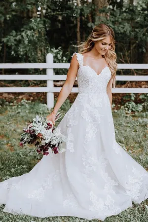 White Tulle Lace Appliqued A-line V-neck Wedding Dresses, Bridal Gown, MW675
