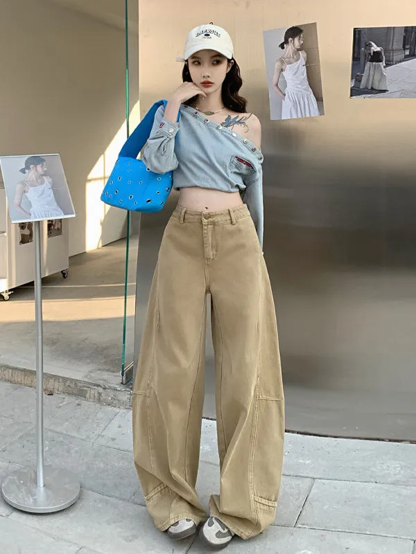 Wide Leg Jeans in Khaki & White | High Waist Curved Hem Vintage Trousers