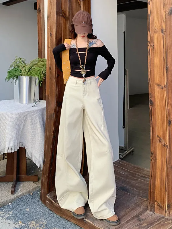Wide Leg Jeans in Khaki & White | High Waist Curved Hem Vintage Trousers