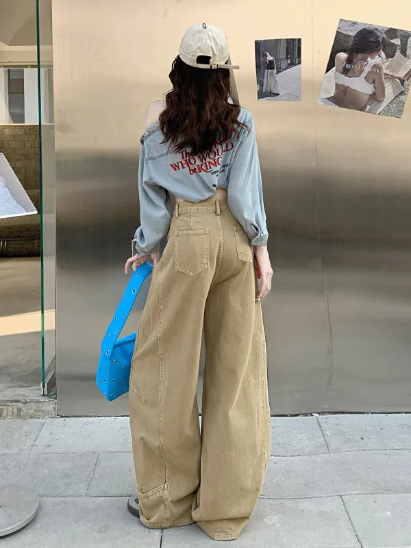 Wide Leg Jeans in Khaki & White | High Waist Curved Hem Vintage Trousers