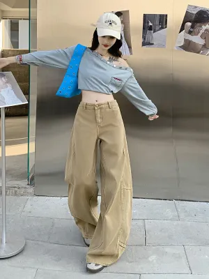Wide Leg Jeans in Khaki & White | High Waist Curved Hem Vintage Trousers