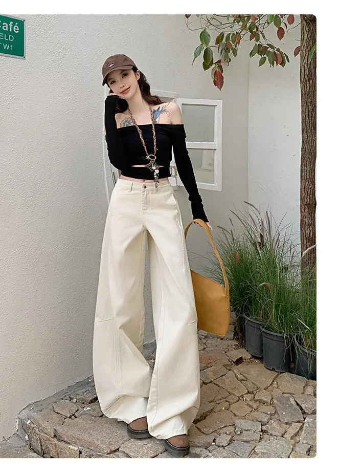 Wide Leg Jeans in Khaki & White | High Waist Curved Hem Vintage Trousers