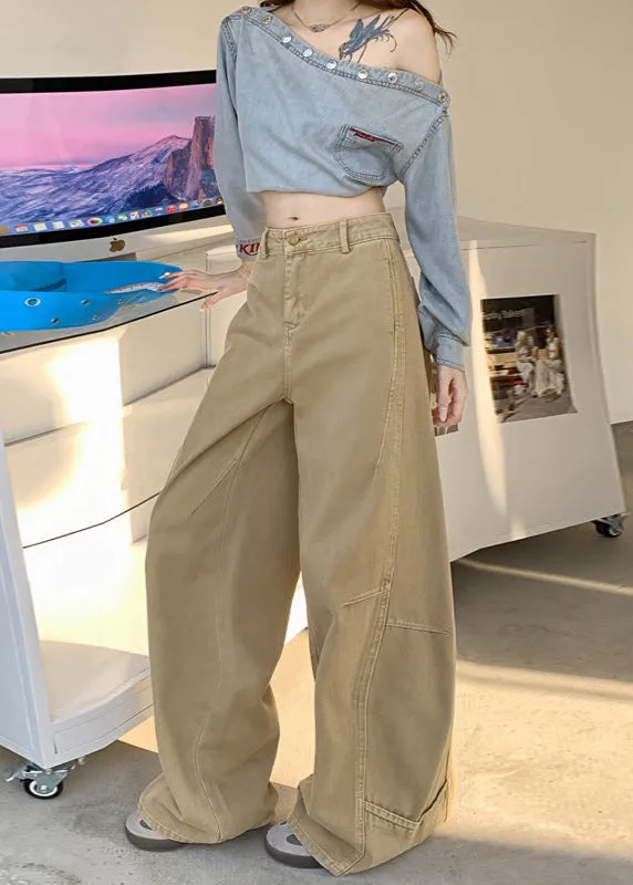 Wide Leg Jeans in Khaki & White | High Waist Curved Hem Vintage Trousers