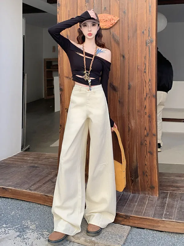Wide Leg Jeans in Khaki & White | High Waist Curved Hem Vintage Trousers