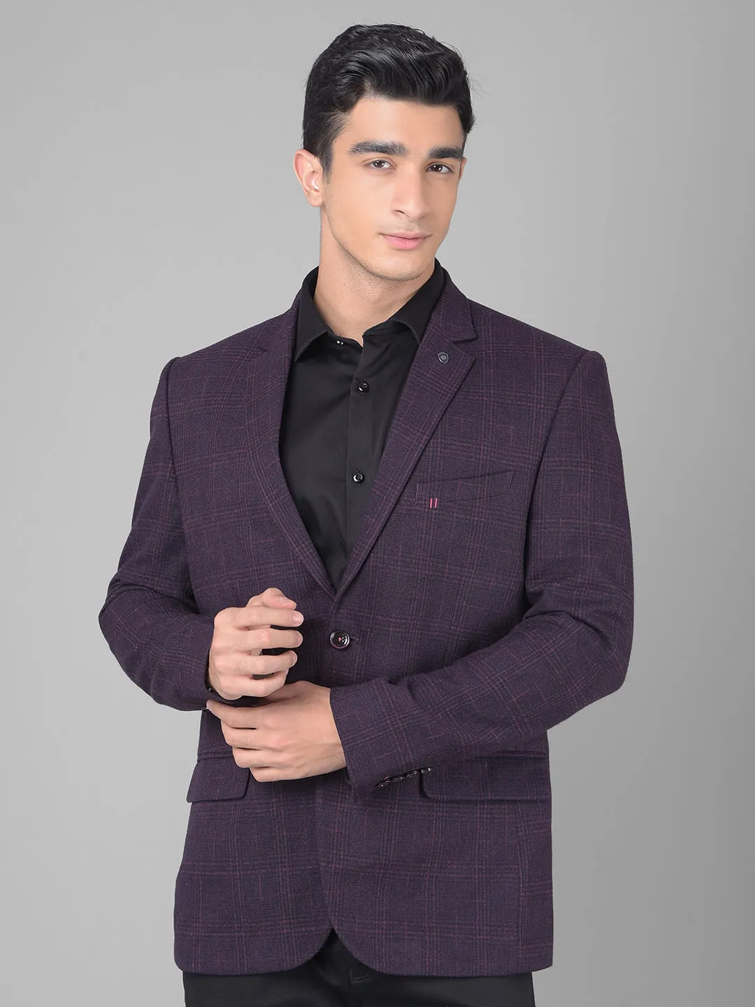 Wine Checked Single Breasted Blazer