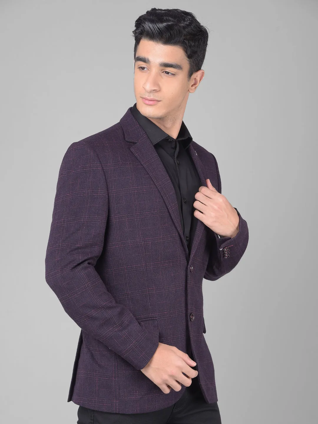 Wine Checked Single Breasted Blazer