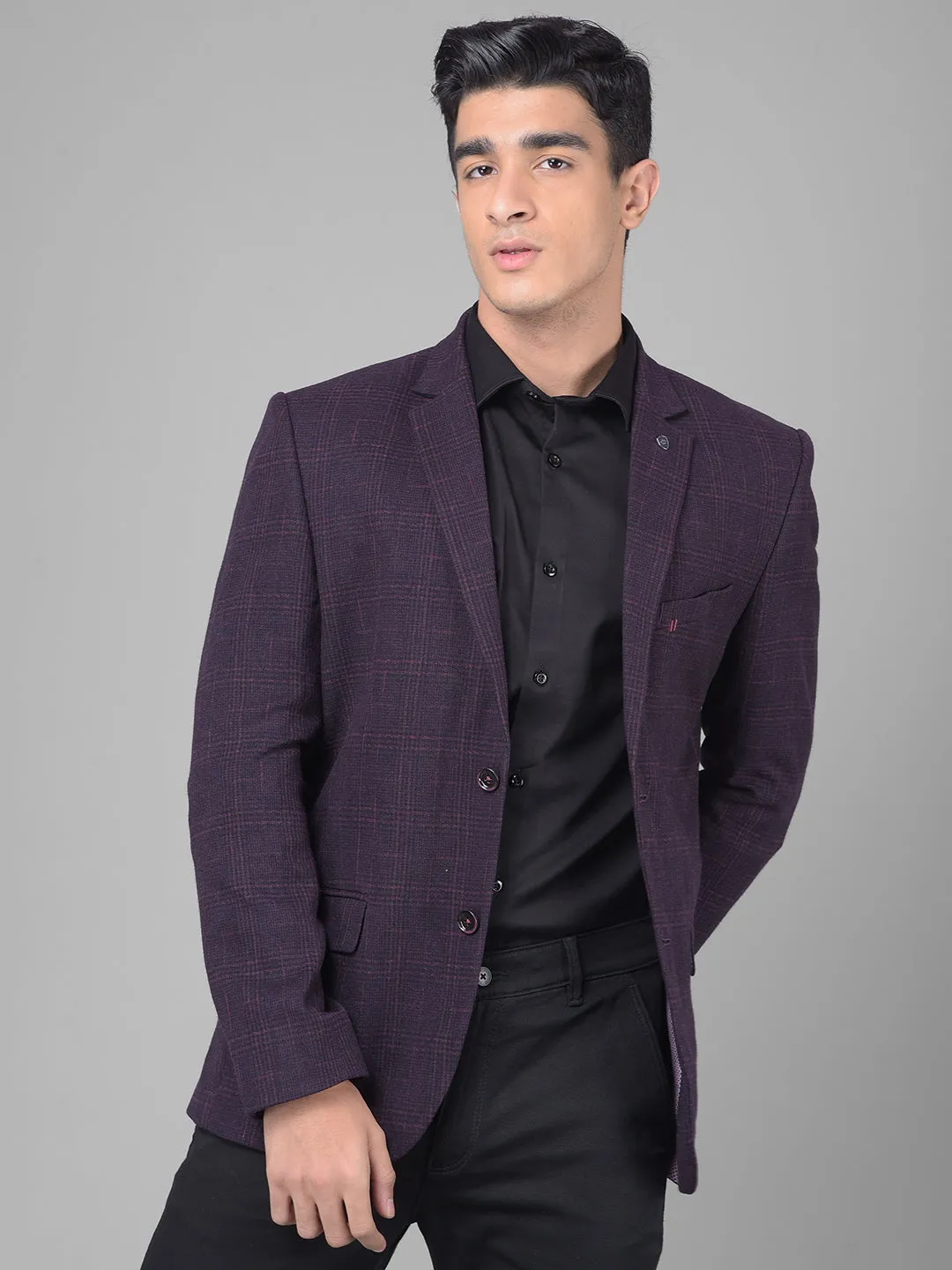 Wine Checked Single Breasted Blazer