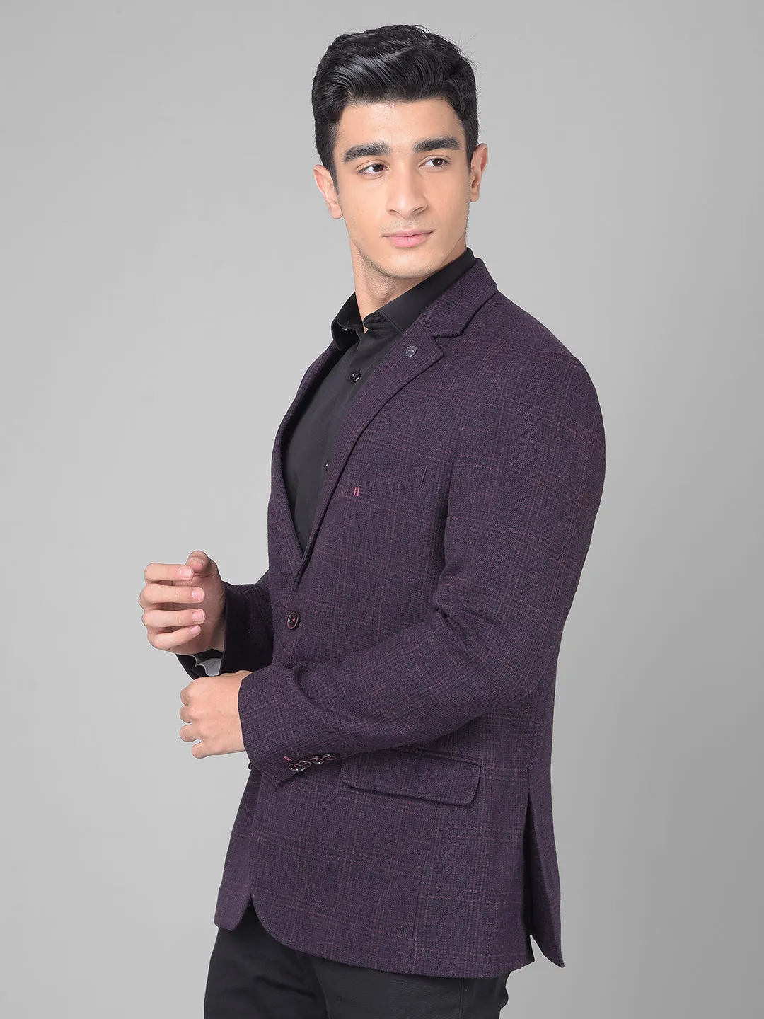 Wine Checked Single Breasted Blazer