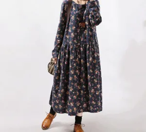 Women Dresses Vintage Print Casual Long Sleeve Cotton Linen Maxi Dress Swing Floral Big Size Dress