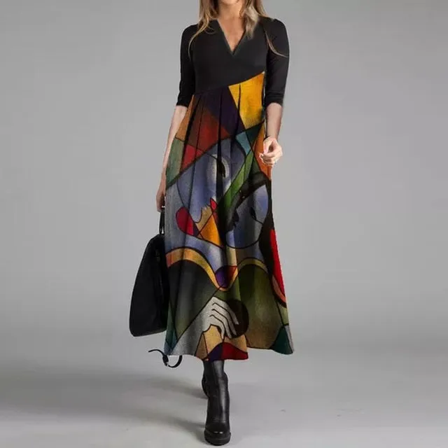 Women Elegant Cross V-Neck Print A-Line Dress Autumn Winter Vintage Long Sleeves Slim Party Dresses Female Casual Loose Vestidos