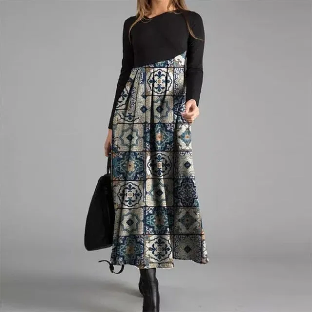 Women Elegant Cross V-Neck Print A-Line Dress Autumn Winter Vintage Long Sleeves Slim Party Dresses Female Casual Loose Vestidos