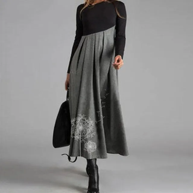 Women Elegant Cross V-Neck Print A-Line Dress Autumn Winter Vintage Long Sleeves Slim Party Dresses Female Casual Loose Vestidos