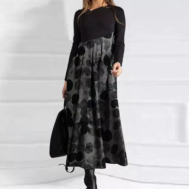 Women Elegant Cross V-Neck Print A-Line Dress Autumn Winter Vintage Long Sleeves Slim Party Dresses Female Casual Loose Vestidos