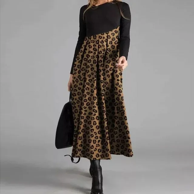 Women Elegant Cross V-Neck Print A-Line Dress Autumn Winter Vintage Long Sleeves Slim Party Dresses Female Casual Loose Vestidos