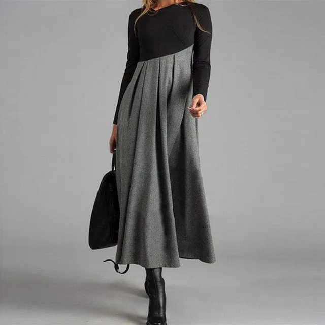 Women Elegant Cross V-Neck Print A-Line Dress Autumn Winter Vintage Long Sleeves Slim Party Dresses Female Casual Loose Vestidos