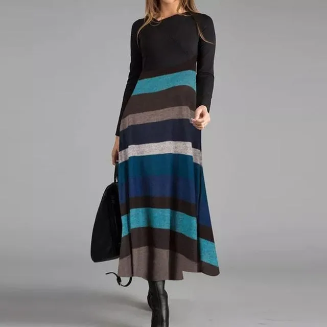 Women Elegant Cross V-Neck Print A-Line Dress Autumn Winter Vintage Long Sleeves Slim Party Dresses Female Casual Loose Vestidos