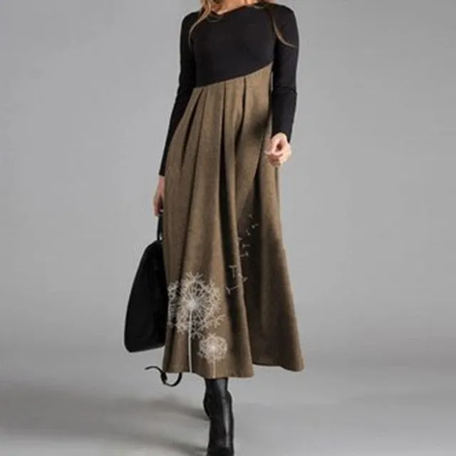 Women Elegant Cross V-Neck Print A-Line Dress Autumn Winter Vintage Long Sleeves Slim Party Dresses Female Casual Loose Vestidos