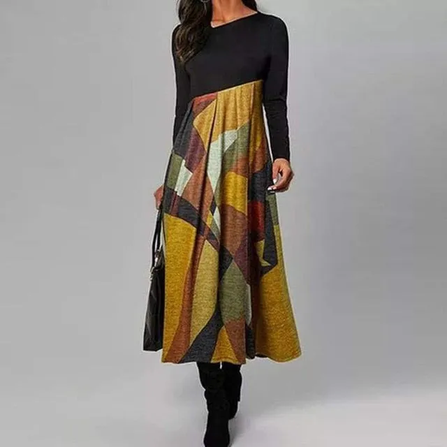 Women Elegant Cross V-Neck Print A-Line Dress Autumn Winter Vintage Long Sleeves Slim Party Dresses Female Casual Loose Vestidos