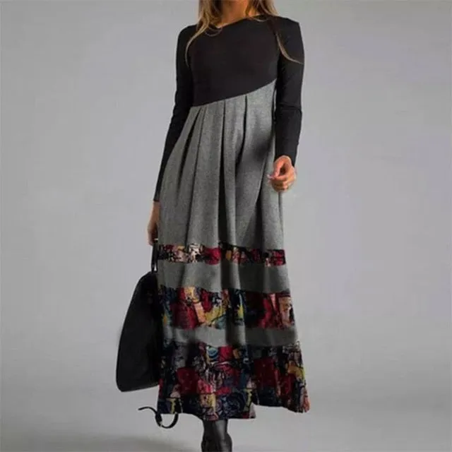 Women Elegant Cross V-Neck Print A-Line Dress Autumn Winter Vintage Long Sleeves Slim Party Dresses Female Casual Loose Vestidos