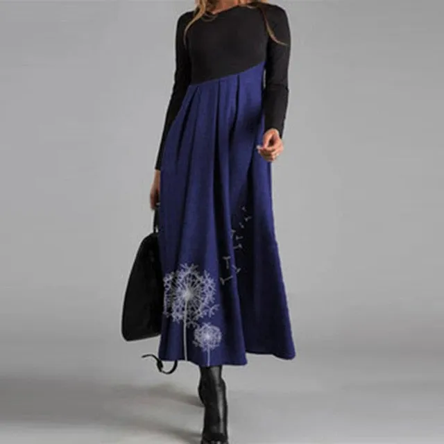 Women Elegant Cross V-Neck Print A-Line Dress Autumn Winter Vintage Long Sleeves Slim Party Dresses Female Casual Loose Vestidos