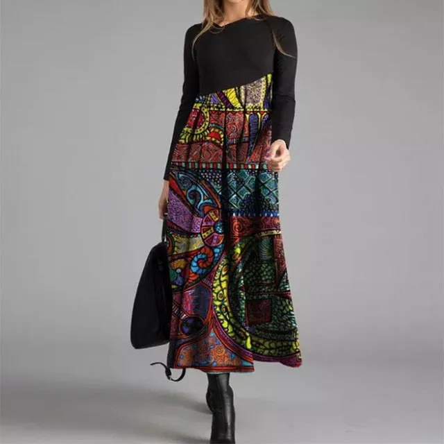 Women Elegant Cross V-Neck Print A-Line Dress Autumn Winter Vintage Long Sleeves Slim Party Dresses Female Casual Loose Vestidos