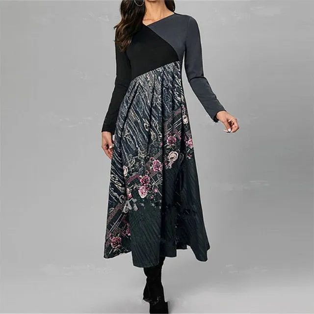 Women Elegant Cross V-Neck Print A-Line Dress Autumn Winter Vintage Long Sleeves Slim Party Dresses Female Casual Loose Vestidos