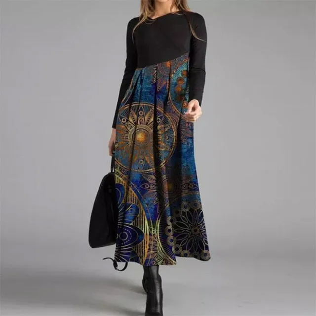 Women Elegant Cross V-Neck Print A-Line Dress Autumn Winter Vintage Long Sleeves Slim Party Dresses Female Casual Loose Vestidos