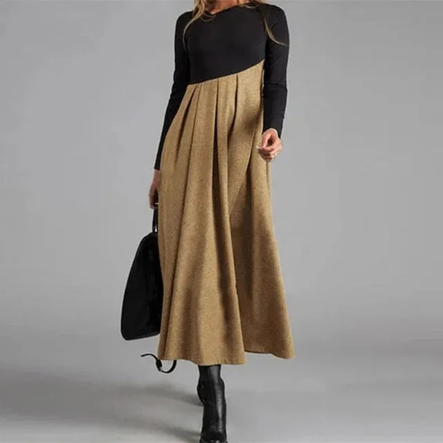 Women Elegant Cross V-Neck Print A-Line Dress Autumn Winter Vintage Long Sleeves Slim Party Dresses Female Casual Loose Vestidos