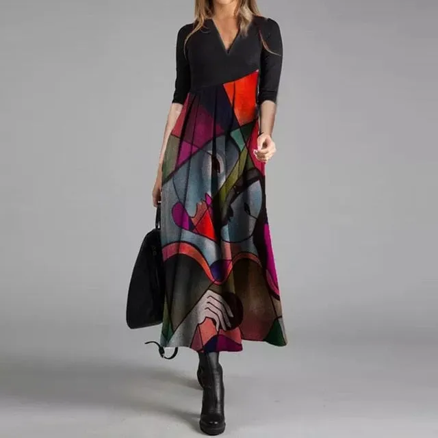 Women Elegant Cross V-Neck Print A-Line Dress Autumn Winter Vintage Long Sleeves Slim Party Dresses Female Casual Loose Vestidos