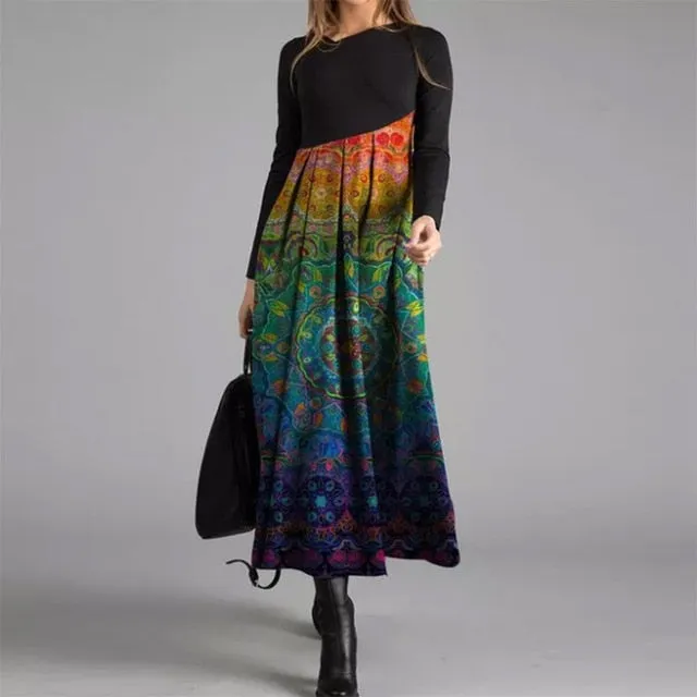 Women Elegant Cross V-Neck Print A-Line Dress Autumn Winter Vintage Long Sleeves Slim Party Dresses Female Casual Loose Vestidos