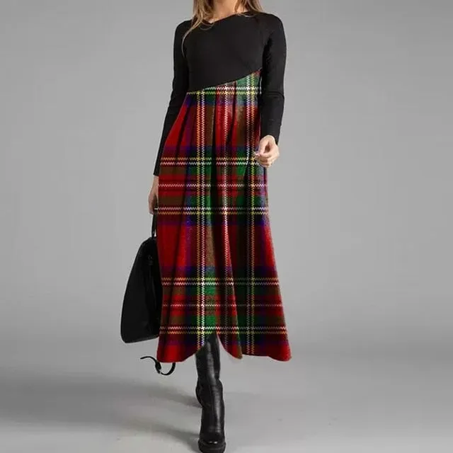 Women Elegant Cross V-Neck Print A-Line Dress Autumn Winter Vintage Long Sleeves Slim Party Dresses Female Casual Loose Vestidos