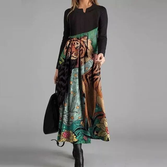 Women Elegant Cross V-Neck Print A-Line Dress Autumn Winter Vintage Long Sleeves Slim Party Dresses Female Casual Loose Vestidos